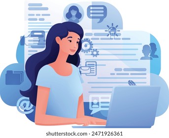 Woman, person, remote working on laptop computer writing document possibly a resume or cv for online internet job search application recruitment agency website cartoon illustration. 