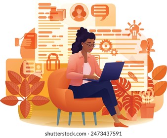 Woman, person, remote working on laptop computer writing document possibly a resume or cv for online internet job search application recruitment agency website cartoon illustration. 