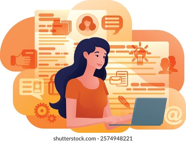 Woman, person, remote working on laptop computer writing document possibly a resume or cv for online internet job search application recruitment agency website cartoon illustration.