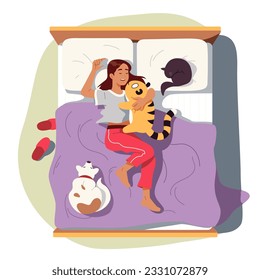 Woman person sleeping in bed with cat and dog pets. Cute asleep girl relaxing embracing soft toy, lying on comfortable pillow, blanket top view. Cozy home night rest comfort flat vector illustration