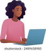 A woman, person, using a laptop computer cartoon illustration. Possibly remote working online from home or running a business as an entrepreneur or freelancer. Could also be a college student studying