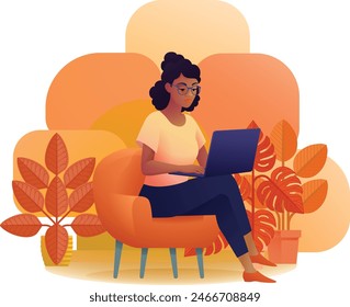 A woman, person, using laptop computer cartoon illustration. Possibly remote working online from home or running a business as an entrepreneur or freelancer. Could also be a college student studying.