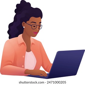 A woman, person, using a laptop computer cartoon illustration. Possibly remote working online from home or running a business as an entrepreneur or freelancer. Could also be a college student studying