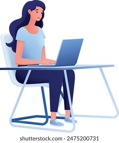 A woman, person, using laptop computer cartoon illustration. Possibly remote working online from home or running a business as an entrepreneur or freelancer. Could also be a college student studying.