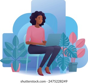 A woman, person, using laptop computer cartoon illustration. Possibly remote working online from home or running a business as an entrepreneur or freelancer. Could also be a college student studying.