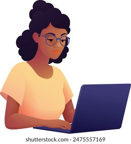 A woman, person, using a laptop computer cartoon illustration. Possibly remote working online from home or running a business as an entrepreneur or freelancer. Could also be a college student studying