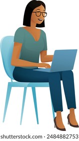 A woman, person, using laptop computer cartoon illustration. Possibly remote working online from home or running a business as an entrepreneur or freelancer. Could also be a college student studying.