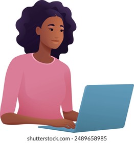 A woman, person, using a laptop computer cartoon illustration. Possibly remote working online from home or running a business as an entrepreneur or freelancer. Could also be a college student studying