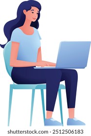 Uma mulher, pessoa, usando uma ilustração de desenho animado de um laptop. Possivelmente remotamente trabalhando on-line em casa ou administrando uma empresa como empreendedor ou freelancer. Também poderia ser um estudante universitário estudando