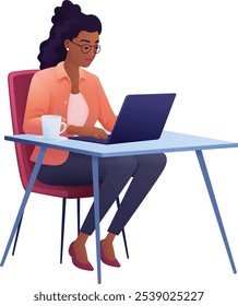 A woman, person, using laptop computer cartoon illustration. Possibly remote working online from home or running a business as an entrepreneur or freelancer. Could also be a college student studying.