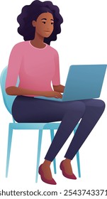 Eine Frau, eine Person, die eine Laptop-Computer-Cartoon-Illustration benutzt. Möglicherweise per Fernzugriff von zu Hause aus online arbeiten oder ein Unternehmen als Unternehmer oder Freiberufler führen. Könnte auch ein Student sein, der studiert