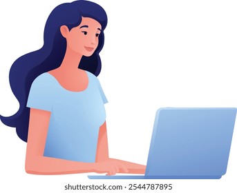 Eine Frau, eine Person, die eine Laptop-Computer-Cartoon-Illustration benutzt. Fernarbeit online von zu Hause aus oder als Unternehmer oder Freiberufler. Könnte auch ein Student sein.