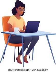 Eine Frau, eine Person, die eine Laptop-Computer-Cartoon-Illustration benutzt. Möglicherweise per Fernzugriff von zu Hause aus online arbeiten oder ein Unternehmen als Unternehmer oder Freiberufler führen. Könnte auch ein Student sein, der studiert