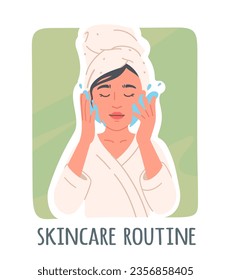 Woman person washing face with water. Beautiful young lady wearing towel, bathrobe, taking care of face skin, cleansing it sticker. Skincare routine hydration, hygiene, beauty flat vector illustration