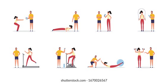 Woman and personal coach doing sport exercises at gym - cartoon girl working out with trainer with fitness equipment. Flat vector illustration isolated on white background.