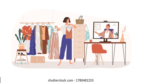 Woman personal stylist consulting client online vector flat illustration. Female demonstrate clothes to computer isolated. Consultation to wardrobe parsing, choosing outfit and sorting apparel