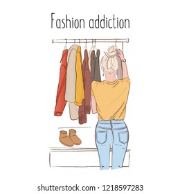 Woman in personal  wardrobe  hand drawn illustration. Trendy girl holding apparel modern closet illustration. Shopping lover interior design. Girl near clothes hanger fashion sketch