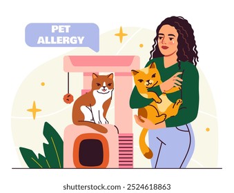 Woman with pet allergy. Young girl with cats in her arms. Allergic reaction at fluffy domestic animals. Fever and sneeze, itching. Flat vector illustration isolated on beige background