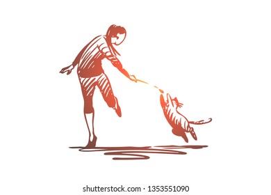 Woman, pet, cat, play, kitty concept. Hand drawn woman play with cat concept sketch. Isolated vector illustration.