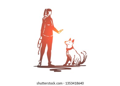 Woman, pet, dog, animal, training concept. Hand drawn woman is training a dog concept sketch. Isolated vector illustration.