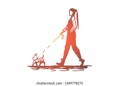 Woman, pet, dog, walk, leash concept. Hand drawn girl walking with little dog concept sketch. Isolated vector illustration.