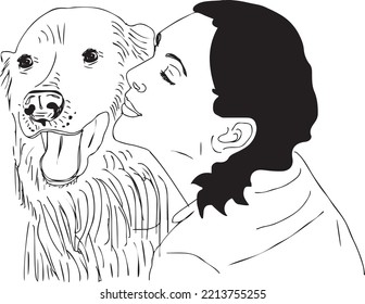 Woman pet lover vector illustration, Cute girl hugging big dog.sketch drawing silhouette, woman kissing her pet dog cartoon doodle clip art