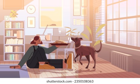 woman pet owner feeding cute dog best friends domestic animal caring for four-footed friend concept