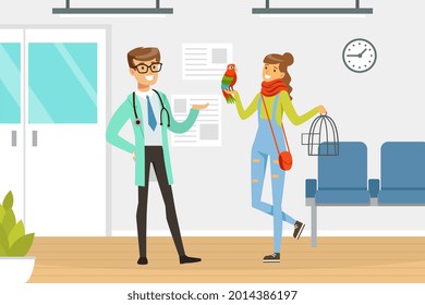 Woman Pet Owner with Parrot Bird in Cage Visiting Veterinary Clinic Vector Illustration