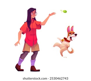 Woman pet owner play with her dog and throw ball. Happy funny cute puppy jump. Cartoon vector illustration of female person with domestic animal activity. Girl and doggy friends spending time together