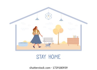 Woman pet owner walking dog on social distancing self-isolation during quarantine. Stay home motivation poster. House frame on white. Furnished room, natural park design. Infection risk reduce