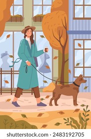 Woman pet owner walking with dog on leash on autumn day outdoors in city. Vector illustration of lady with puppy on leash, cute adorable dog on road covered with yellow leaves