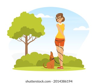 Woman Pet Owner Walking Her Dog on Green Lawn with Leash Twisted Around Her Body Vector Illustration