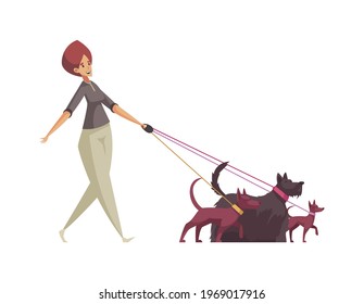 Woman pet sitter walking three dogs on leash cartoon icon vector illustration