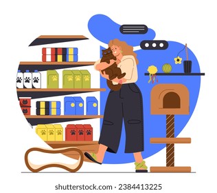 Woman in pet store concept. Young girl with dog at hands near racks with food. Care about domestic animals. Vet shop with eating. Cartoon flat vector illustration isolated on white background