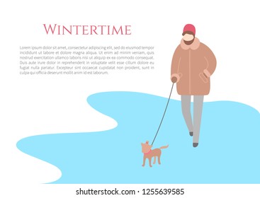 Woman with pet walking in wintertime outdoor. Girl holding small dog in jacket with hat and mittens in trousers and boots. Papercard with text vector