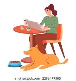 Mujer en un café para mascotas con   perro. Restaurante amigable para mascotas. Comer perro en el bol. Niña sentada tomando café y trabaja en una laptop remotamente.