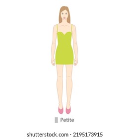 Woman Petite Body Shape Character In Dress. Female Vector Illustration Silhouette 9 Nine Head Size Lady Figure Front View. Vector Isolated Outline Sketch Girl For Fashion Sketching And Illustration.