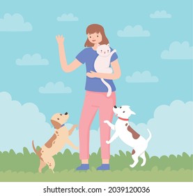 woman with pets cat and dogs cartoon