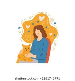 Woman pets a cat lying on her lap. Decorative banner with woman spending time with her lovely pet, flat cartoon vector illustration isolated on white background.