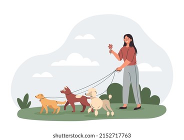 Woman with pets. Young girl on walk with dogs, active lifestyle. Routine and household chores, hostess with her beloved pets in park, summer or spring season. Cartoon flat vector illustration