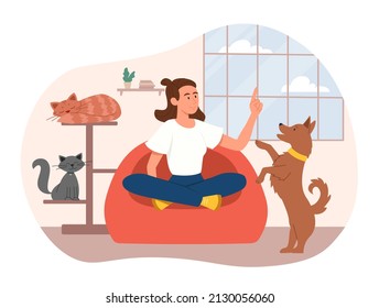 Woman with pets. Young girl plays with dog, cats sleep on scratching post. Hostess loves animals, care and love. Comfort and cosiness in home. Weekend indoor. Cartoon flat vector illustration