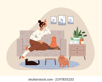 Woman with pets. Young girl sits in comfortable and cozy apartment. Character with cats and dog. Love, support and care for animals. Poster or banner for website. Cartoon flat vector illustration