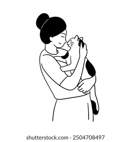 Woman petting cat Handrawing illustration
