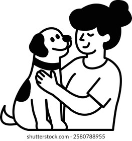 A woman is petting a dog. The dog is wearing a collar. The woman is smiling