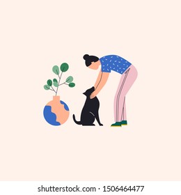 Woman petting her dog. Woman standing and petting her playful dog. There is a vase with flowers near them. Flat vector illustration