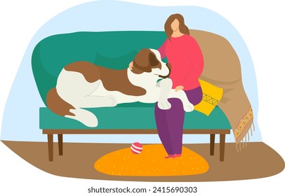 Woman petting large dog on sofa, cozy living room setting. Owner affectionately cuddling beagle at home vector illustration.