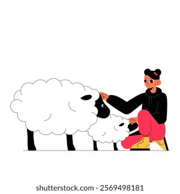 Woman Petting Sheep In Flat Vector Illustration Symbolizing Animal Care, Farming, And Rural Bonding, Isolated On White Background.