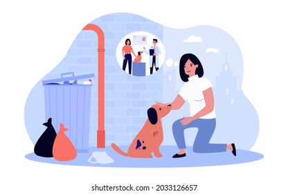 Woman petting stray dog and thinking of veterinarian. Girl and dirty puppy in alleyway flat vector illustration. Veterinary clinic, animal care concept for banner, website design or landing web page