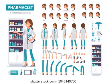 
Woman pharmacist character. Front, side and back view. Flat  cartoon style vector illustration isolated on white background. 