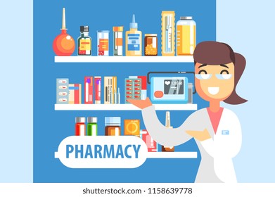 Woman Pharmacist Demonstrating Drug Assortment On The Shelf Of Pharmacy